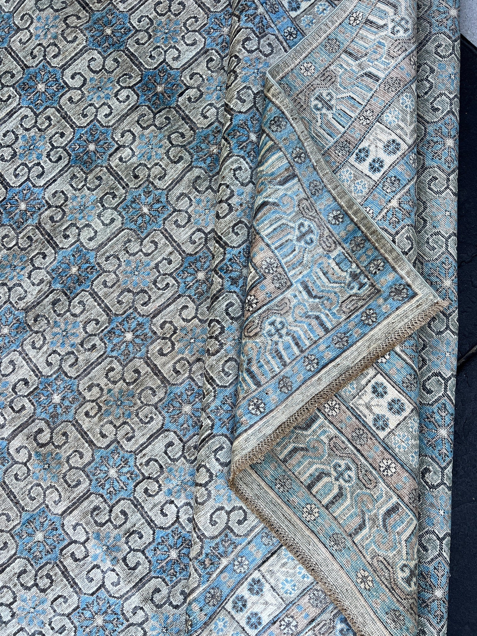 10x13 Handmade Afghan Rug | Green Grey Greige Navy Sky Blue Cream Ivory Charcoal Grey Tan Brown | Khotan Oriental Knotted Turkish Persian