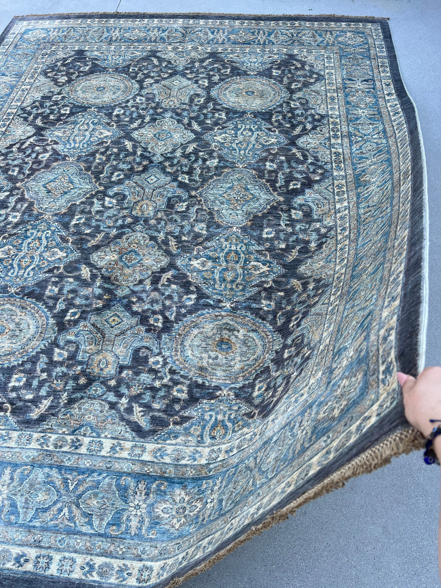 8x11 (240x300) Handmade Afghan Rug | Denim Midnight Blue Charcoal Grey Cream Beige Chocolate Brown Teal Ivory | Turkish Hand Knotted Wool