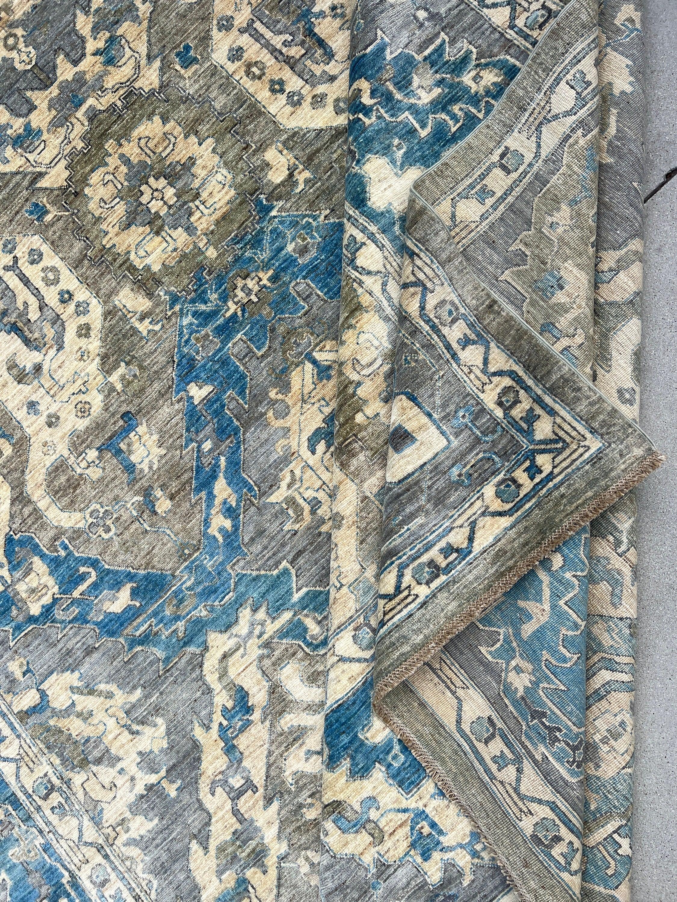 10x14 (305x400) Handmade Afghan Rug | Denim Blue Cream Beige Grey Gray Moss Green | Turkish Oushak Oriental Persian Hand Knotted Wool