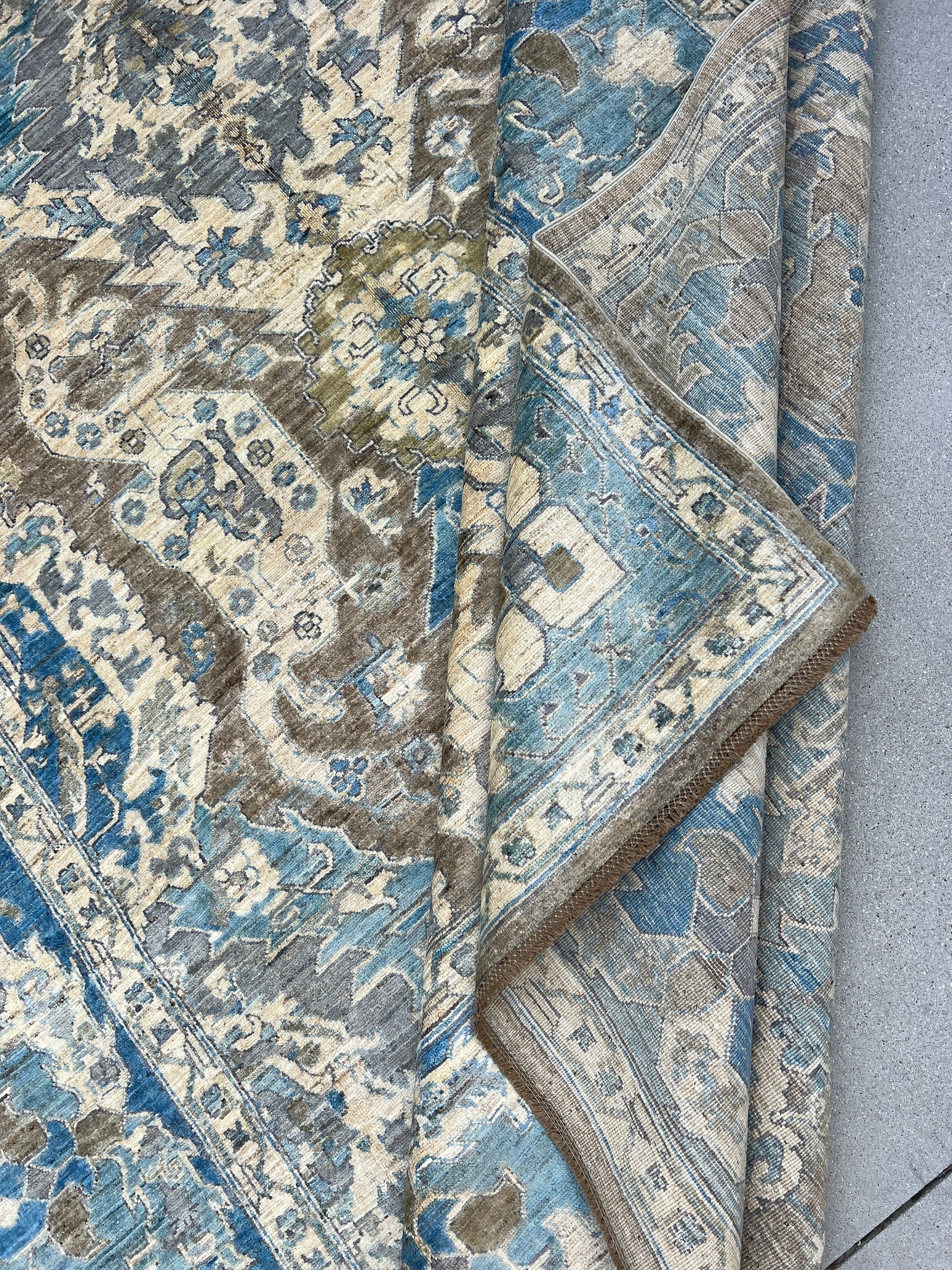 8x11 (240x300) Handmade Afghan Rug | Denim Blue Cream Beige Grey Gray Moss Green | Turkish Oushak Oriental Persian Hand Knotted Wool