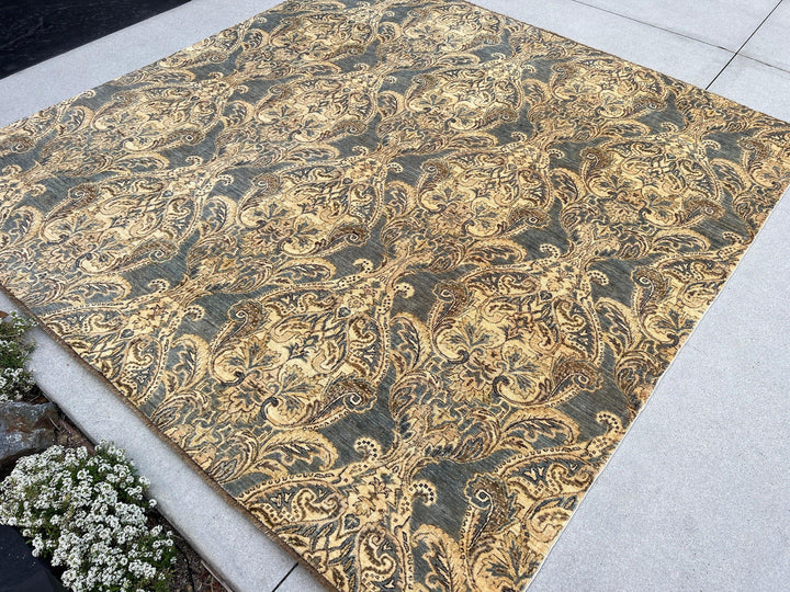 8x8 (240x300) Handmade Afghan Rug | Grey Cream Beige Black Chocolate Golden Brown | Floral Persian Turkish Oriental Hand Knotted Wool