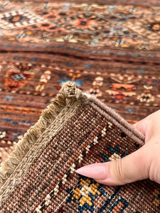7x10 (215x305) Handmade Afghan Rug | Chocolate Brown Orange Crimson Brick Red Taupe Cream Beige Teal Midnight Blue | Flatweave Floral Wool