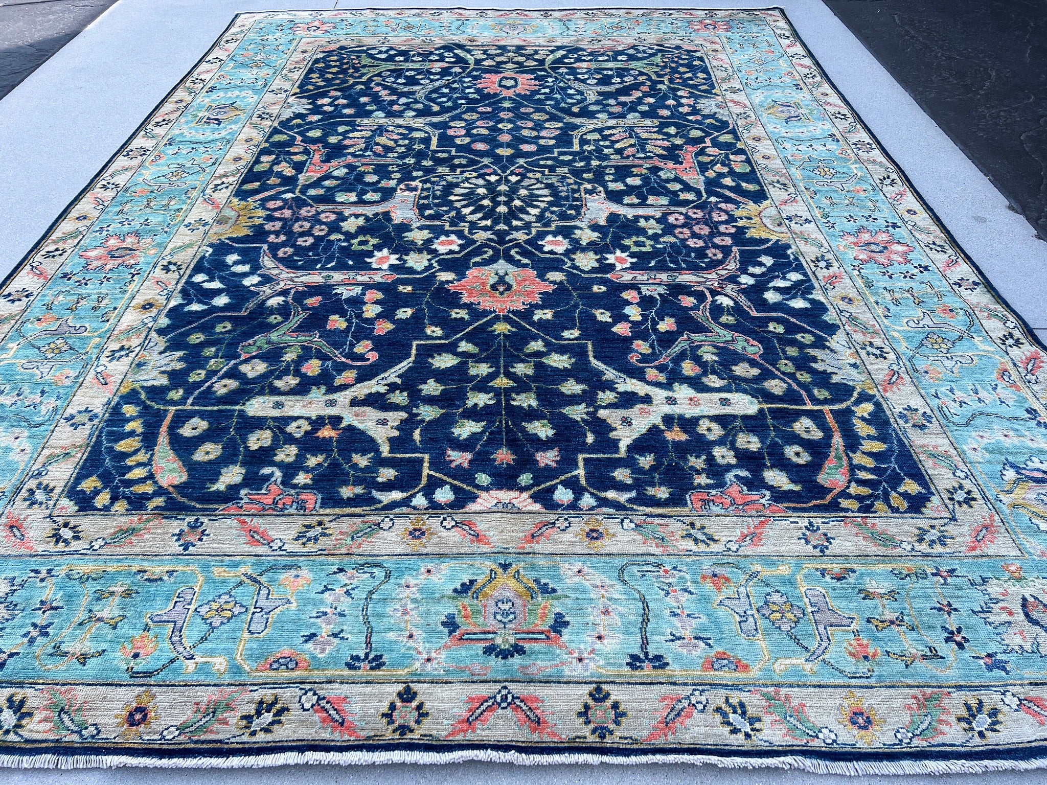 9x12 (270x365) Handmade Afghan Rug | Midnight Navy Sky Blue Grey Ivory Cream Mustard Yellow Salmon Pink Green | Turkish Floral Knotted Wool