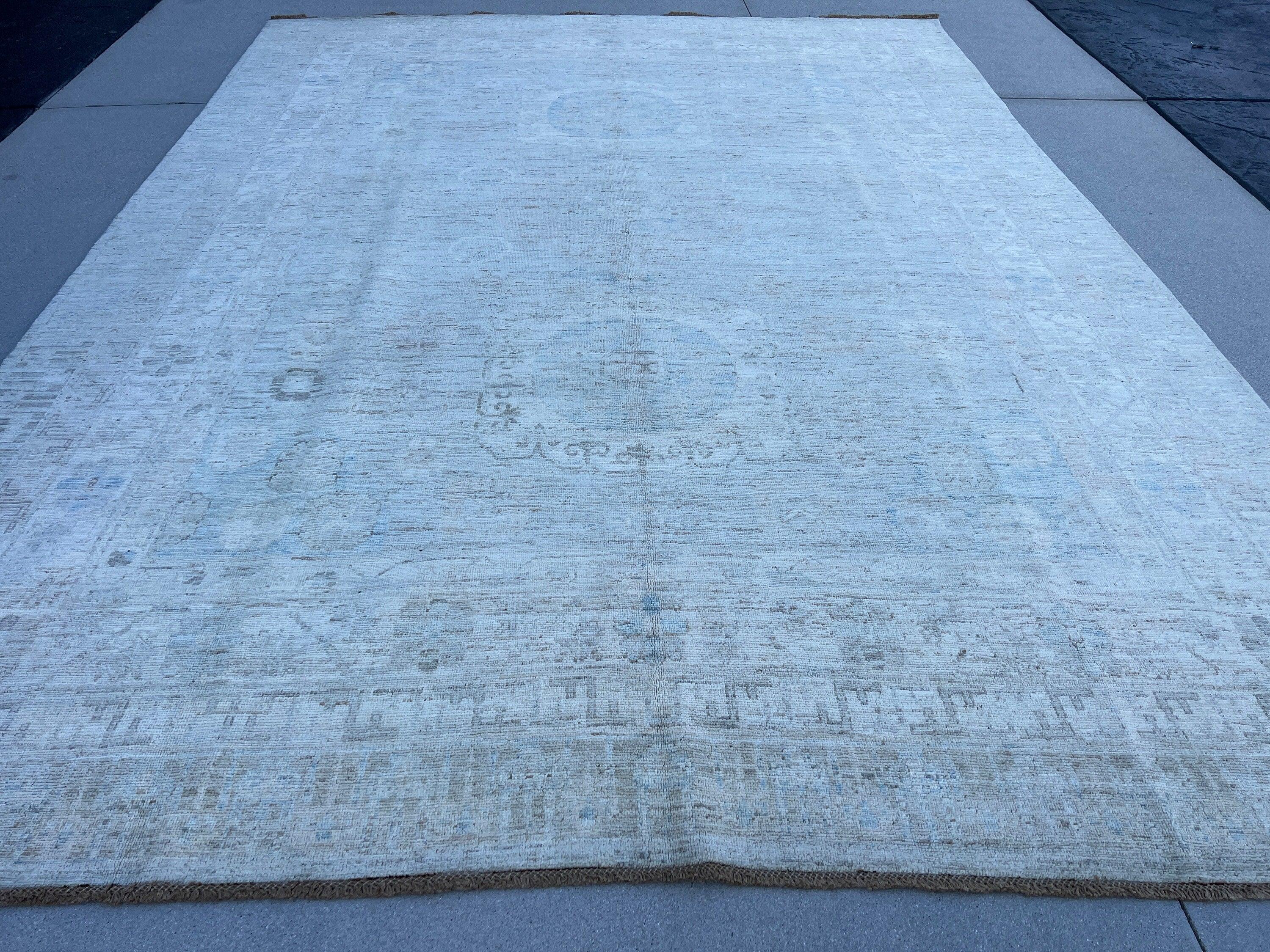 9x12 (270x365) Handmade Afghan Rug | Muted Neutral Grey Sky Baby Blue Teal Tan Cream Beige | Turkish Floral Persian Hand Knotted Wool