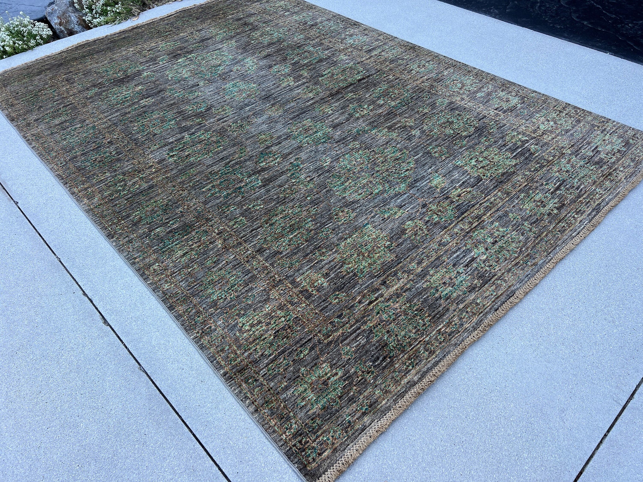 6x8 (180x245) Handmade Afghan Rug | Muted Neutral Chocolate Brown Forest Moss Green Grey | Persian Turkish Hand Knotted Oushak Wool