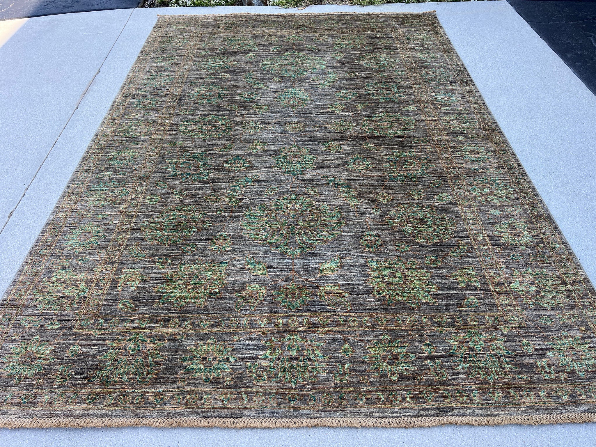 6x8 (180x245) Handmade Afghan Rug | Muted Neutral Chocolate Brown Forest Moss Green Grey | Persian Turkish Hand Knotted Oushak Wool