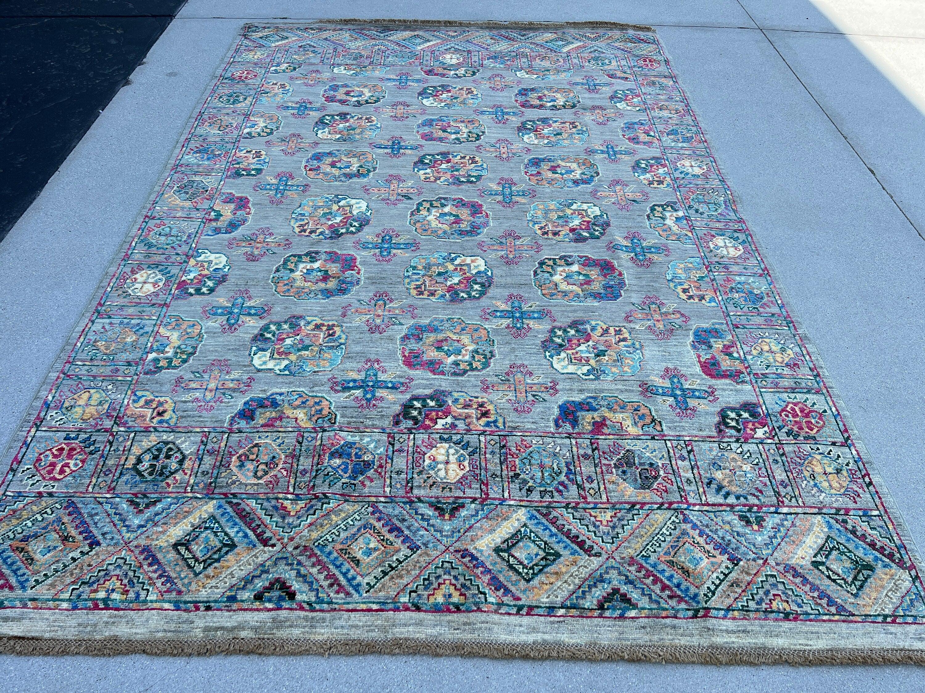 6x8 (180x245) Handmade Afghan Rug | Charcoal Grey Cornsilk Teal Turquoise Garnet Brick Red Purple Ivory Burnt Orange Navy Blue | Oushak Wool