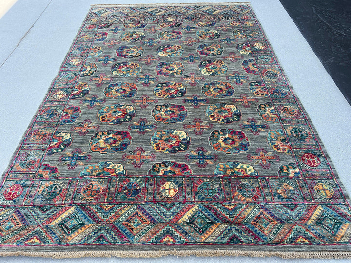 6x8 (180x245) Handmade Afghan Rug | Charcoal Grey Cornsilk Teal Turquoise Garnet Brick Red Purple Ivory Burnt Orange Navy Blue | Oushak Wool