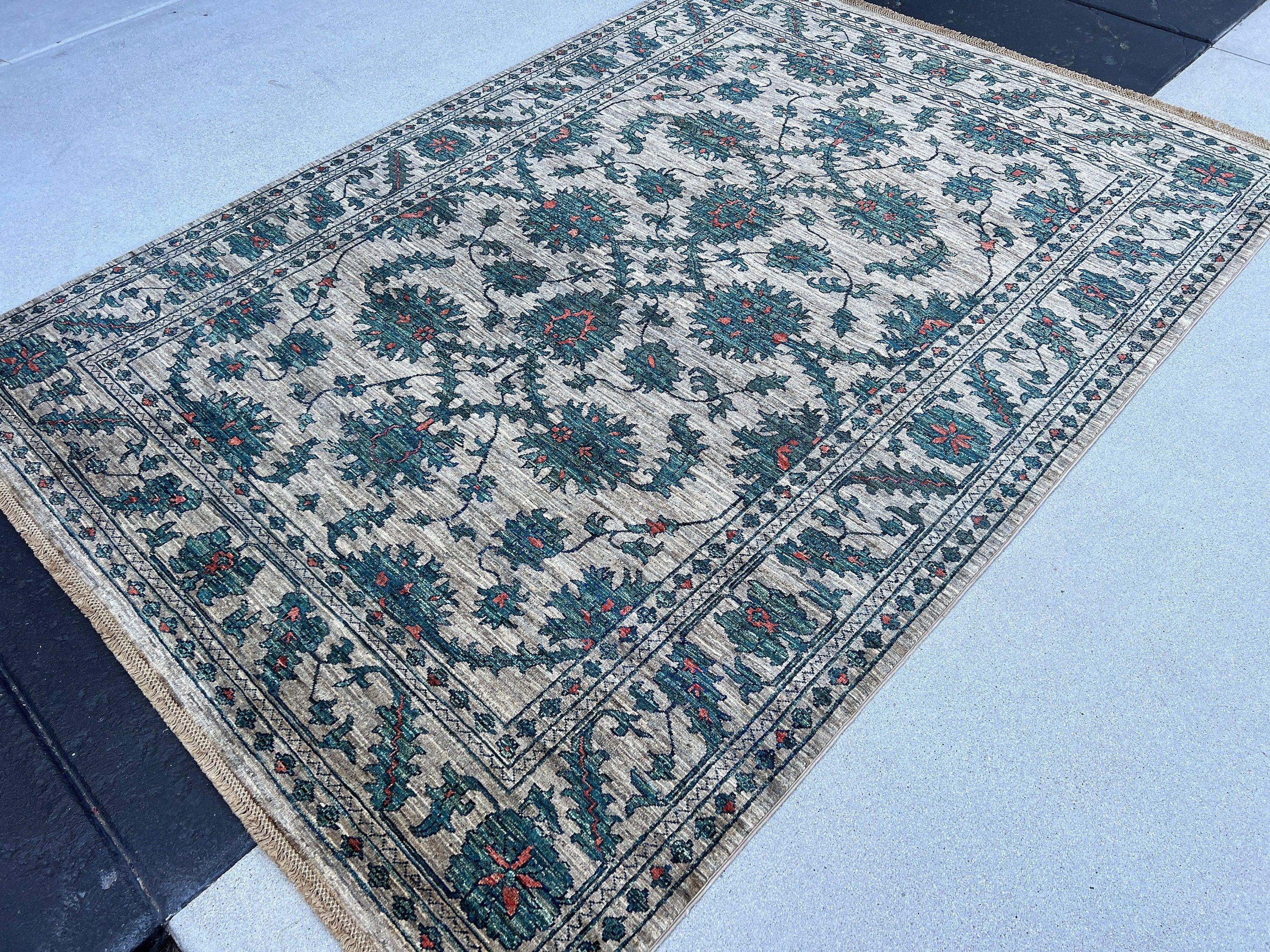 6x8 (180x245) Handmade Afghan Rug | Chocolate Brown Moss Forest Green Teal Brick Red | Turkish Persian Oriental Boho Flatweave Oushak Wool