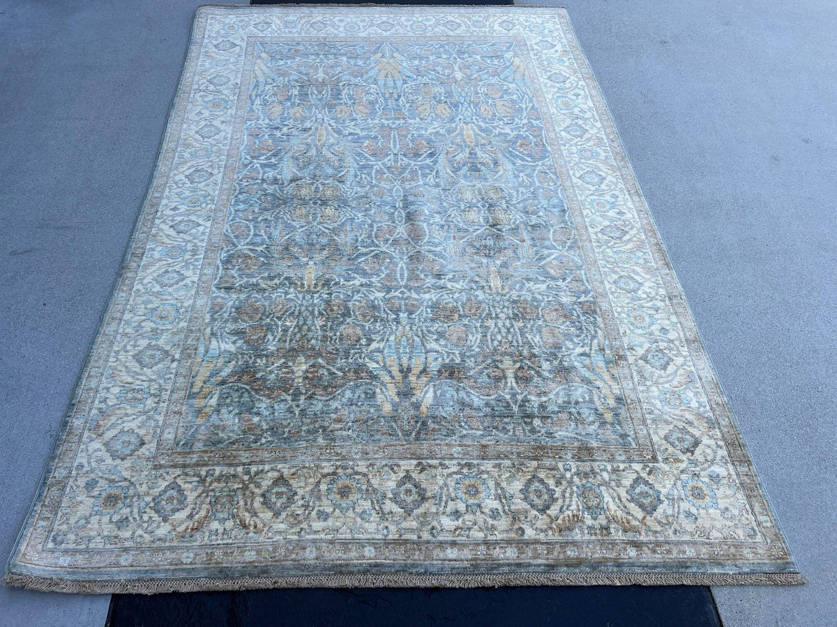 6x8 (180x275) Handmade Afghan Rug | Charcoal Grey Cream Beige Chocolate Light Brown Taupe Teal Tan | Hand Knotted Flatweave Oushak Boho Wool