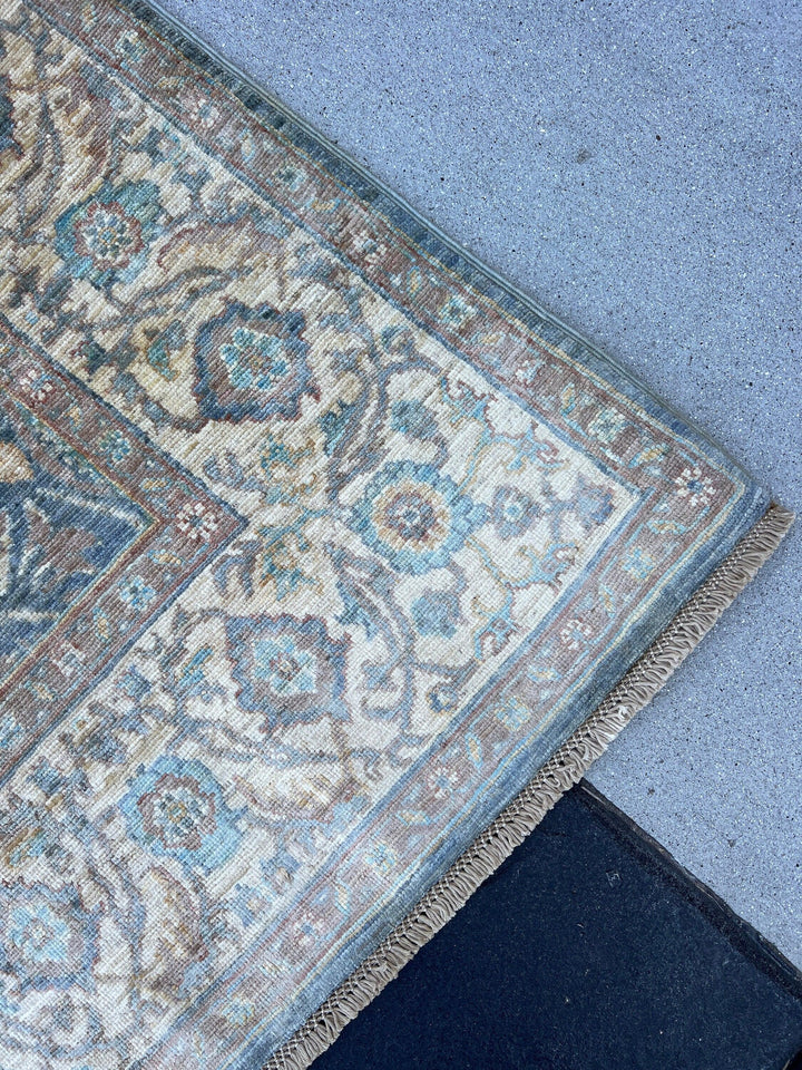 6x8 (180x275) Handmade Afghan Rug | Charcoal Grey Cream Beige Chocolate Light Brown Taupe Teal Tan | Hand Knotted Flatweave Oushak Boho Wool
