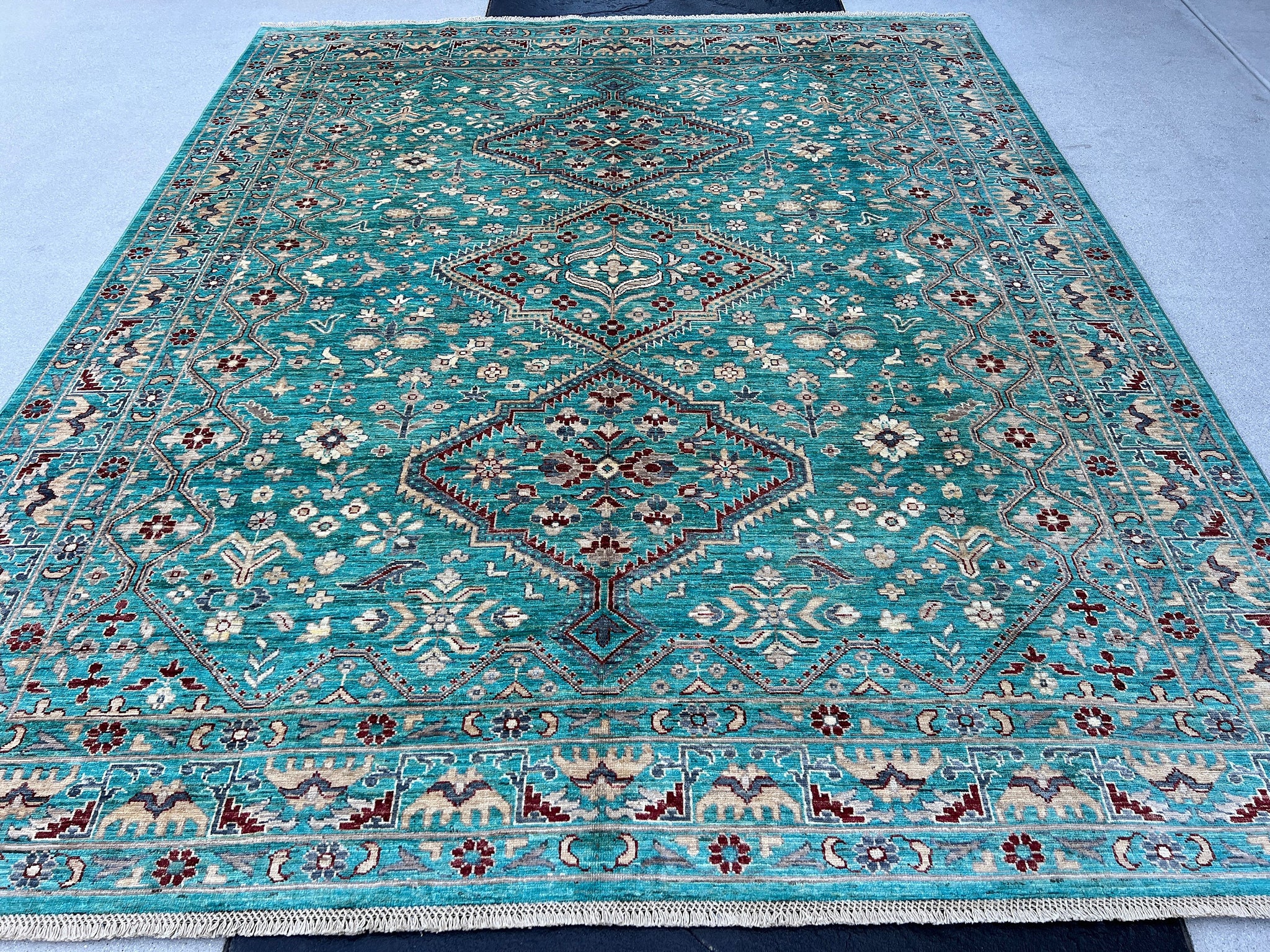8x10 (240x300) Handmade Afghan Rug | Turquoise Garnet Red Cream Beige Ivory Grey Taupe Chocolate Brown | Hand Knotted Wool Turkish Oushak