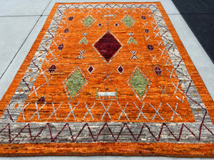 7x10 (215x305) Handmade Afghan Moroccan Rug | Orange Grey Blood Brick Red Maroon Lime Pine Green Powder Blue Ivory | Wool Ourain