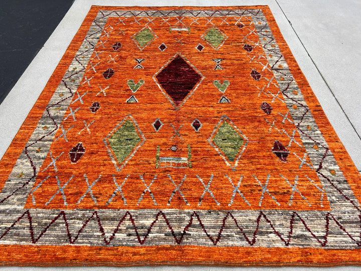 7x10 (215x305) Handmade Afghan Moroccan Rug | Orange Grey Blood Brick Red Maroon Lime Pine Green Powder Blue Ivory | Wool Ourain