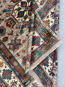 7x10 (215x305) Handmade Afghan Rug | Beige Brown Cream Teal Turquoise Red Caramel Terracotta Green Blue Ivory | Hand Knotted Wool Persian