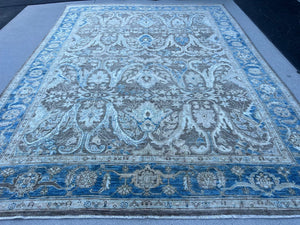 9x12 (274x366) Handmade Afghan Rug | Beige Brown Cream Denim Blue Ivory Tan | Hand Knotted Wool Persian Floral Heriz Oushak