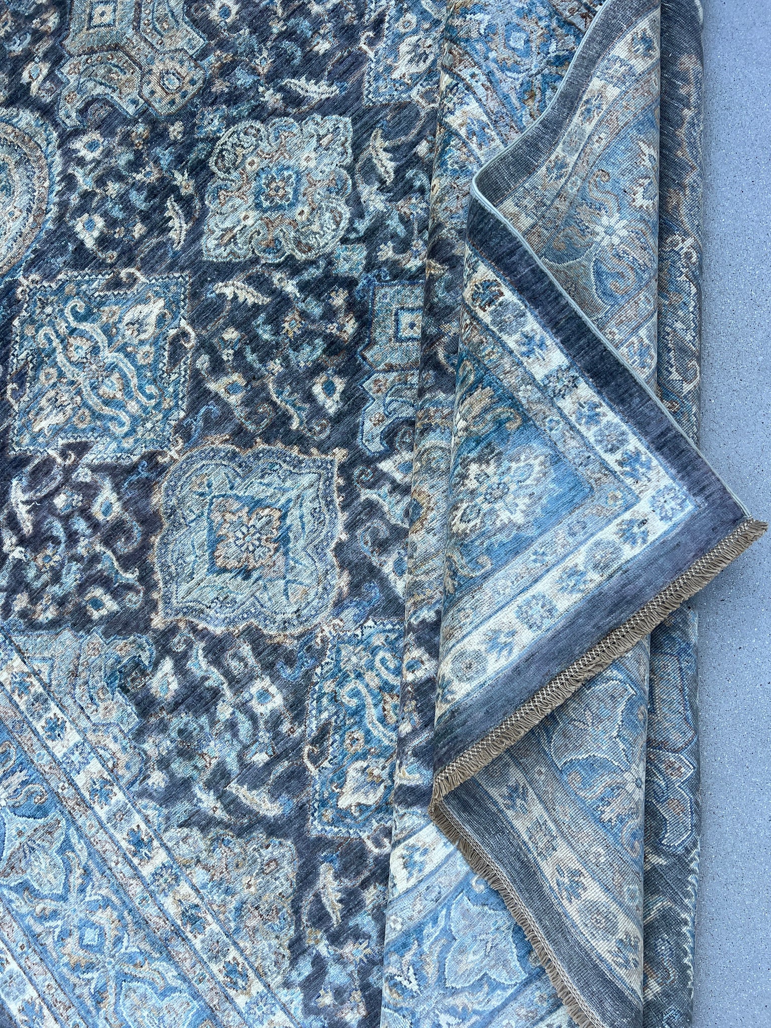 8x11 (240x300) Handmade Afghan Rug | Denim Midnight Blue Charcoal Grey Cream Beige Chocolate Brown Teal Ivory | Turkish Hand Knotted Wool