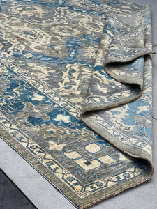 10x14 (305x400) Handmade Afghan Rug | Denim Blue Cream Beige Grey Gray Moss Green | Turkish Oushak Oriental Persian Hand Knotted Wool