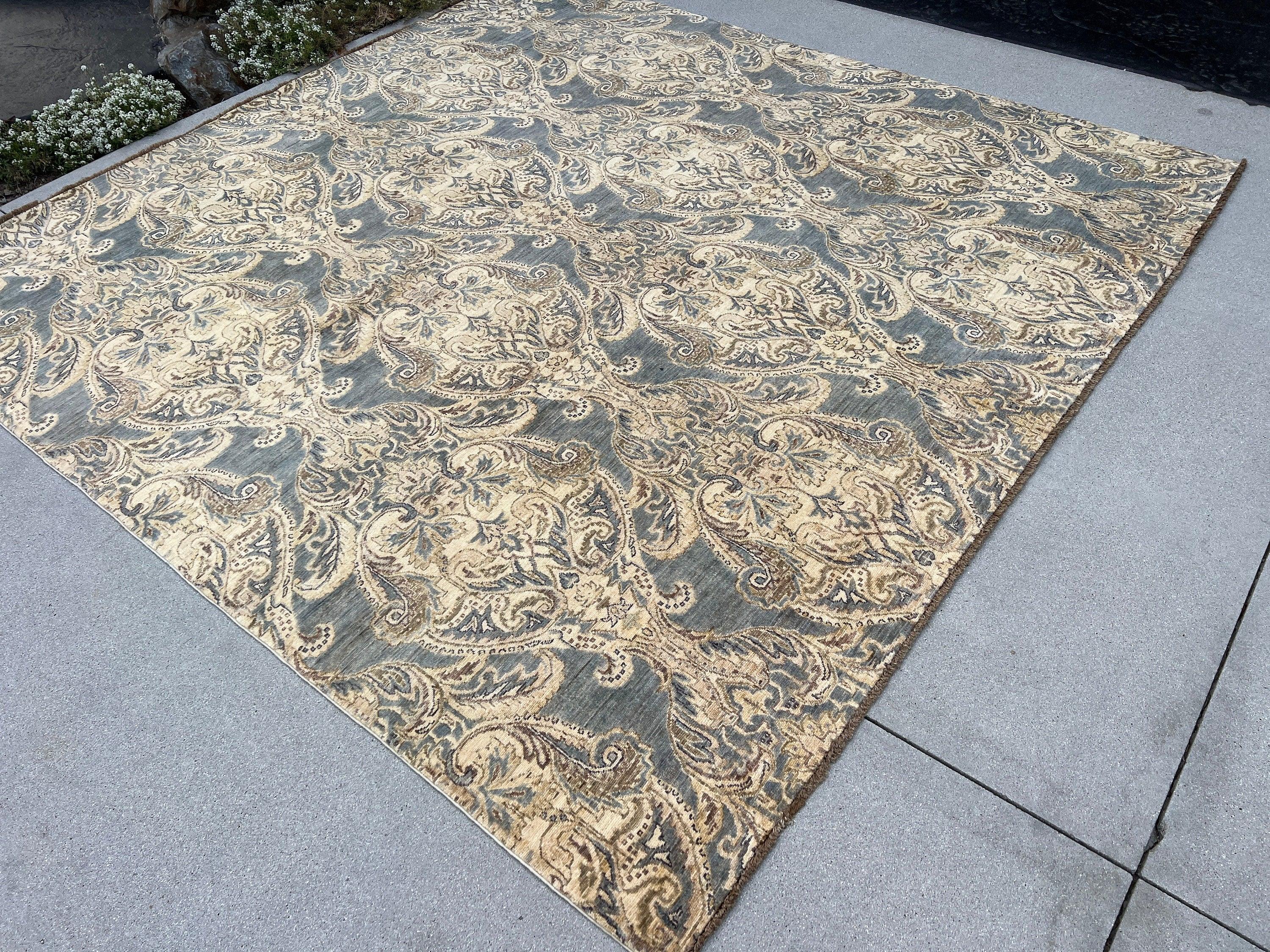 8x8 (240x300) Handmade Afghan Rug | Grey Cream Beige Black Chocolate Golden Brown | Floral Persian Turkish Oriental Hand Knotted Wool