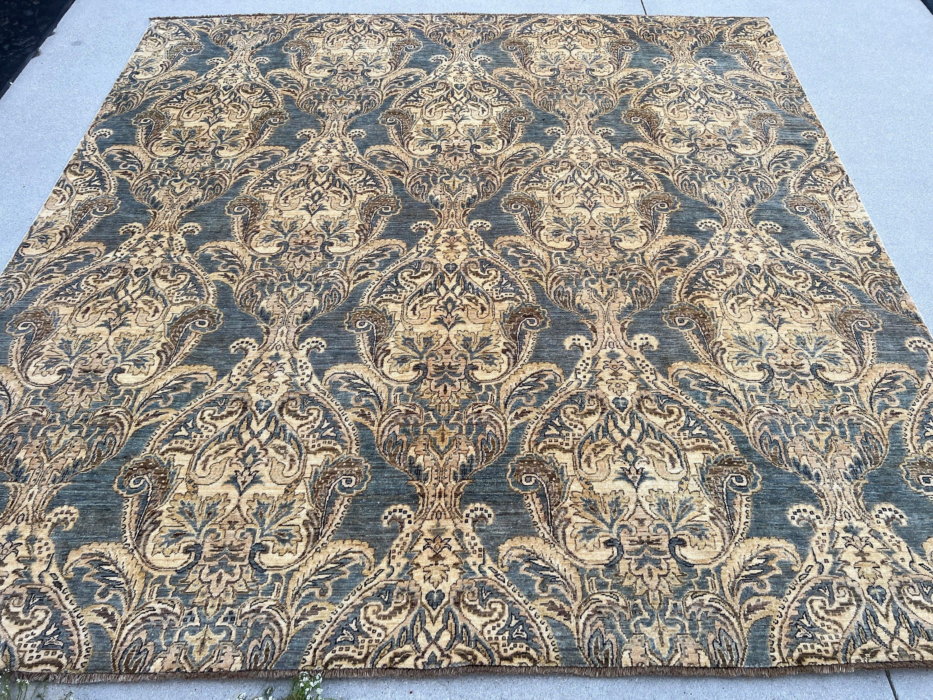 8x8 (240x300) Handmade Afghan Rug | Grey Cream Beige Black Chocolate Golden Brown | Floral Persian Turkish Oriental Hand Knotted Wool