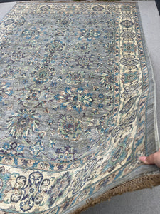 8x11 (240x300) Handmade Afghan Rug | Grey Cream Beige Teal Chocolate Brown Purple Denim Blue Green | Turkish Hand Knotted Wool
