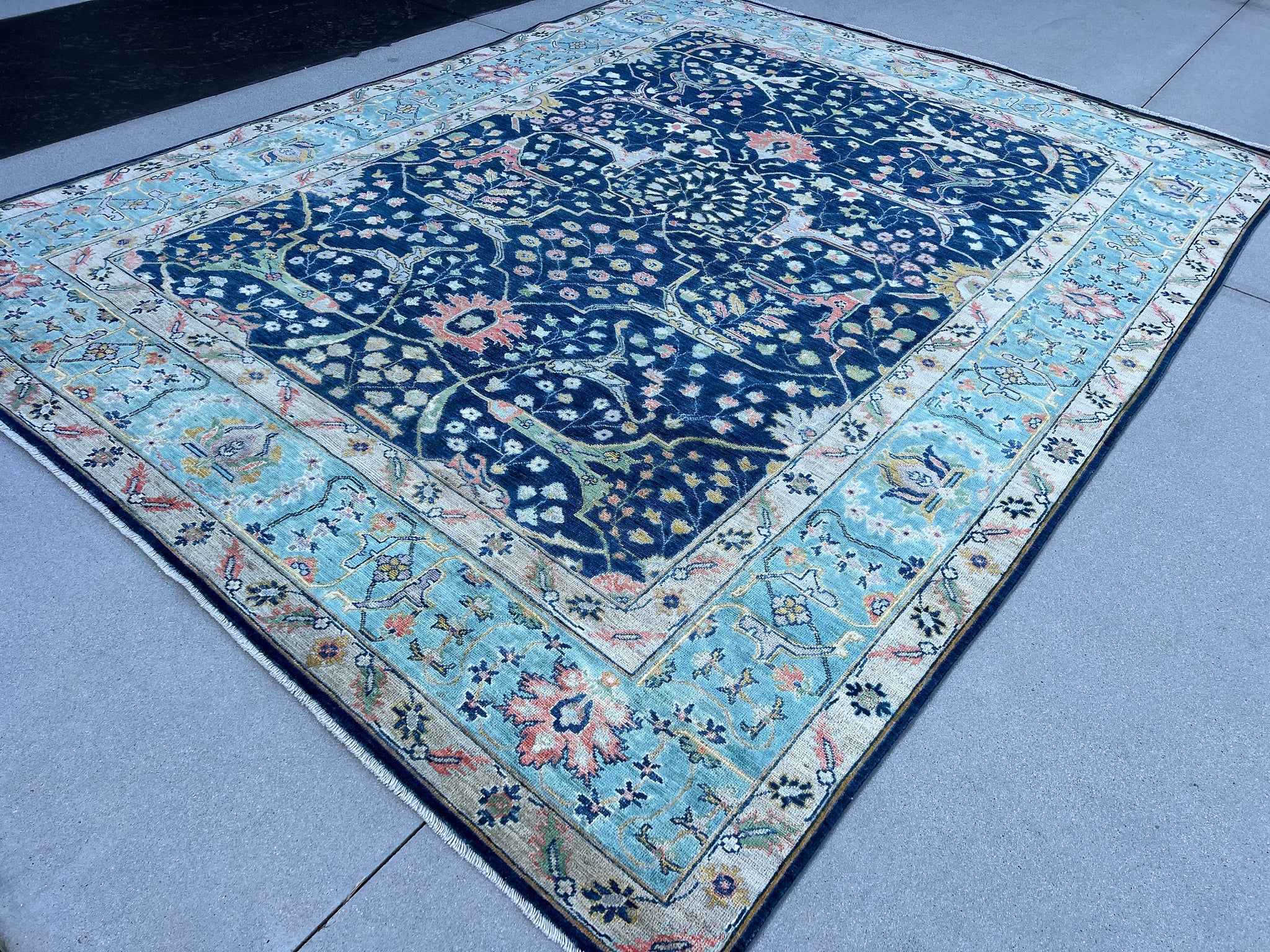 9x12 (270x365) Handmade Afghan Rug | Midnight Navy Sky Blue Grey Ivory Cream Mustard Yellow Salmon Pink Green | Turkish Floral Knotted Wool