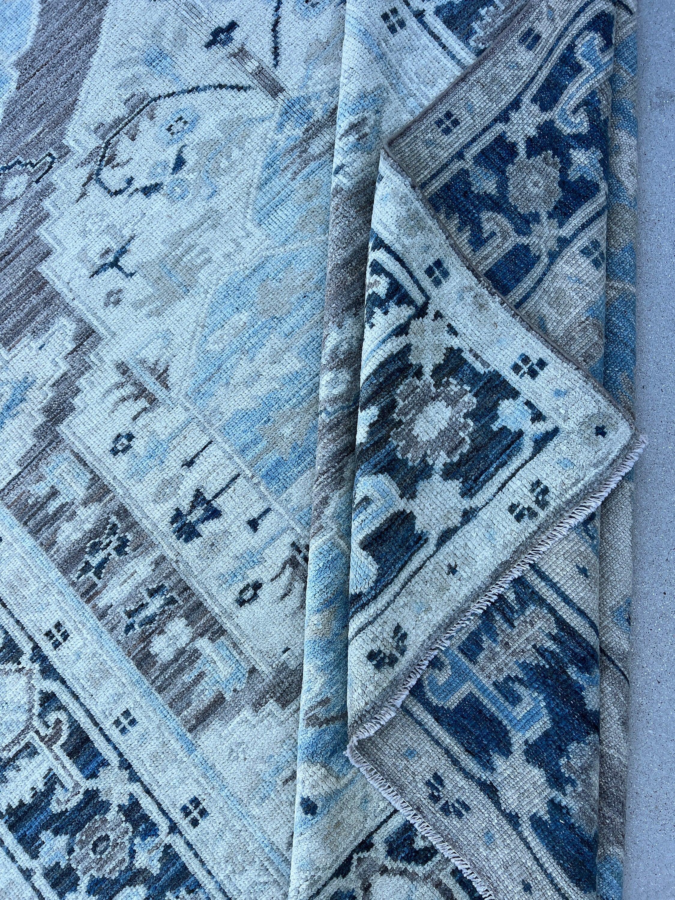 8x10 (240x300) Handmade Afghan Rug | Sky Baby Navy Midnight Blue Grey Ivory Turquoise | Floral Geometric Persian Turkish Hand Knotted Wool