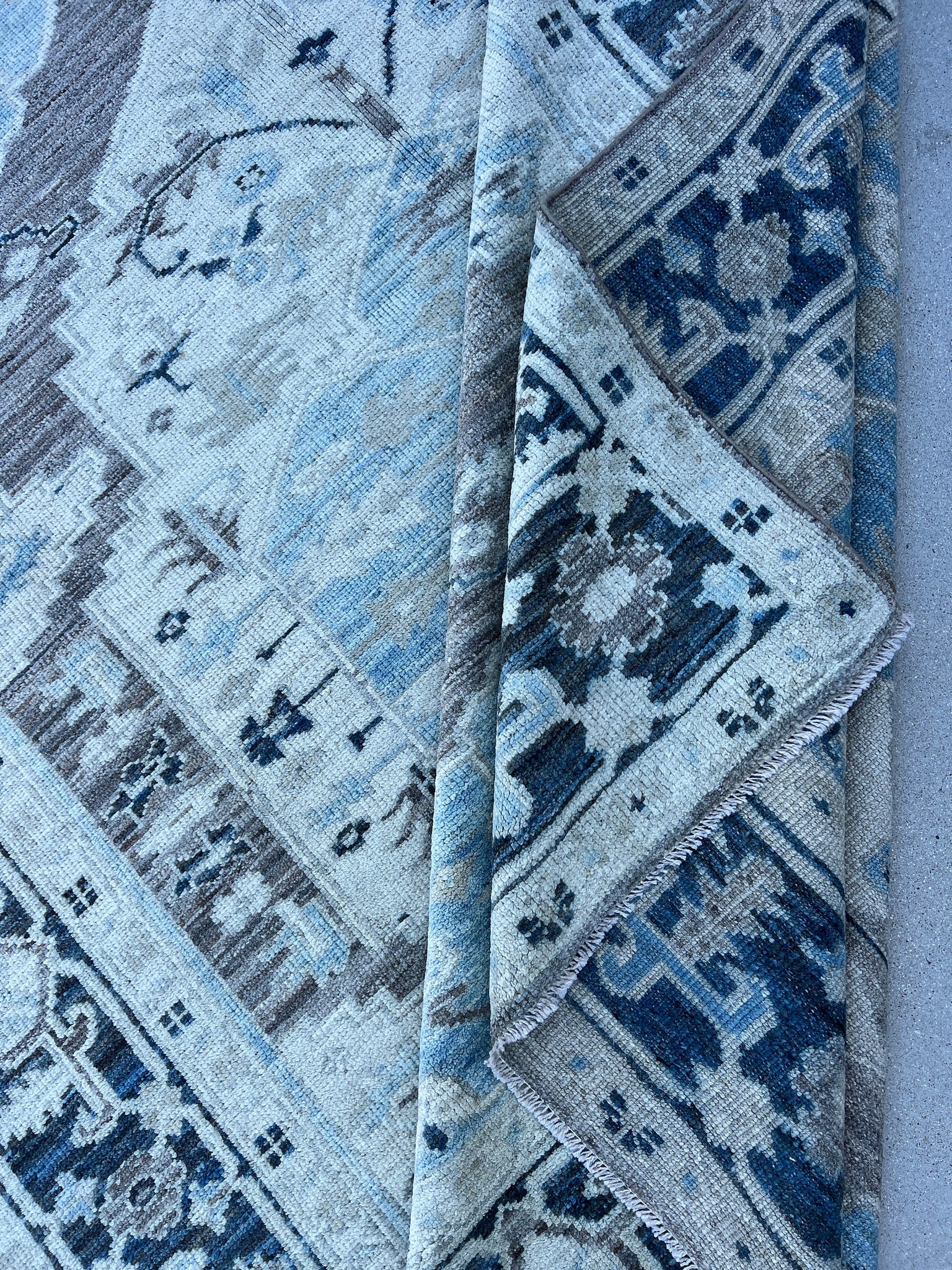 8x10 (240x300) Handmade Afghan Rug | Sky Baby Navy Midnight Blue Grey Ivory Turquoise | Floral Geometric Persian Turkish Hand Knotted Wool