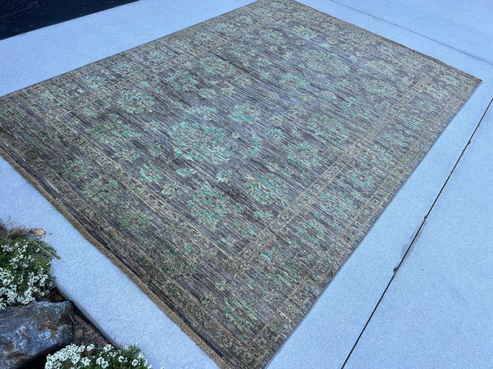 6x8 (180x245) Handmade Afghan Rug | Muted Neutral Chocolate Brown Forest Moss Green Grey | Persian Turkish Hand Knotted Oushak Wool