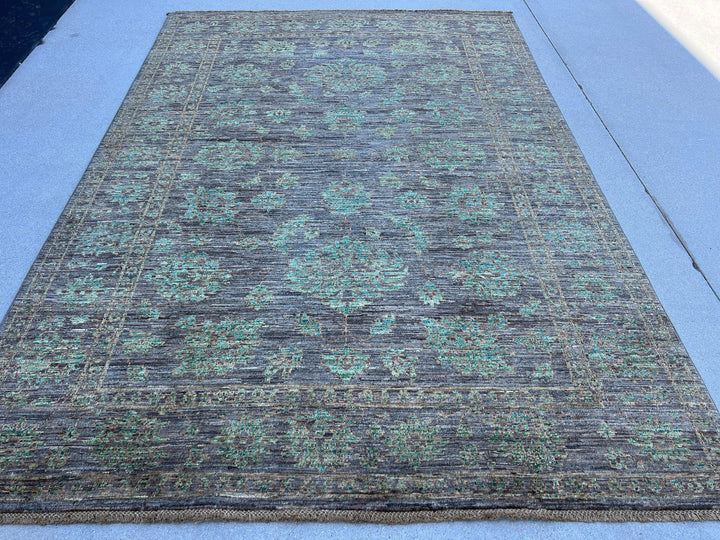 6x8 (180x245) Handmade Afghan Rug | Muted Neutral Chocolate Brown Forest Moss Green Grey | Persian Turkish Hand Knotted Oushak Wool