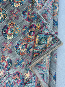 6x8 (180x245) Handmade Afghan Rug | Charcoal Grey Cornsilk Teal Turquoise Garnet Brick Red Purple Ivory Burnt Orange Navy Blue | Oushak Wool