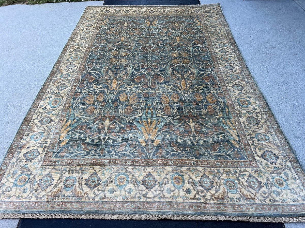 6x8 (180x275) Handmade Afghan Rug | Charcoal Grey Cream Beige Chocolate Light Brown Taupe Teal Tan | Hand Knotted Flatweave Oushak Boho Wool