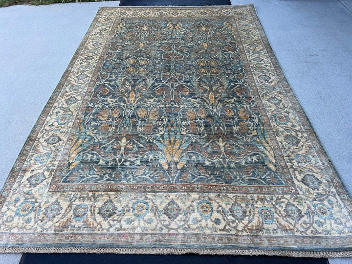 6x8 (180x275) Handmade Afghan Rug | Charcoal Grey Cream Beige Chocolate Light Brown Taupe Teal Tan | Hand Knotted Flatweave Oushak Boho Wool