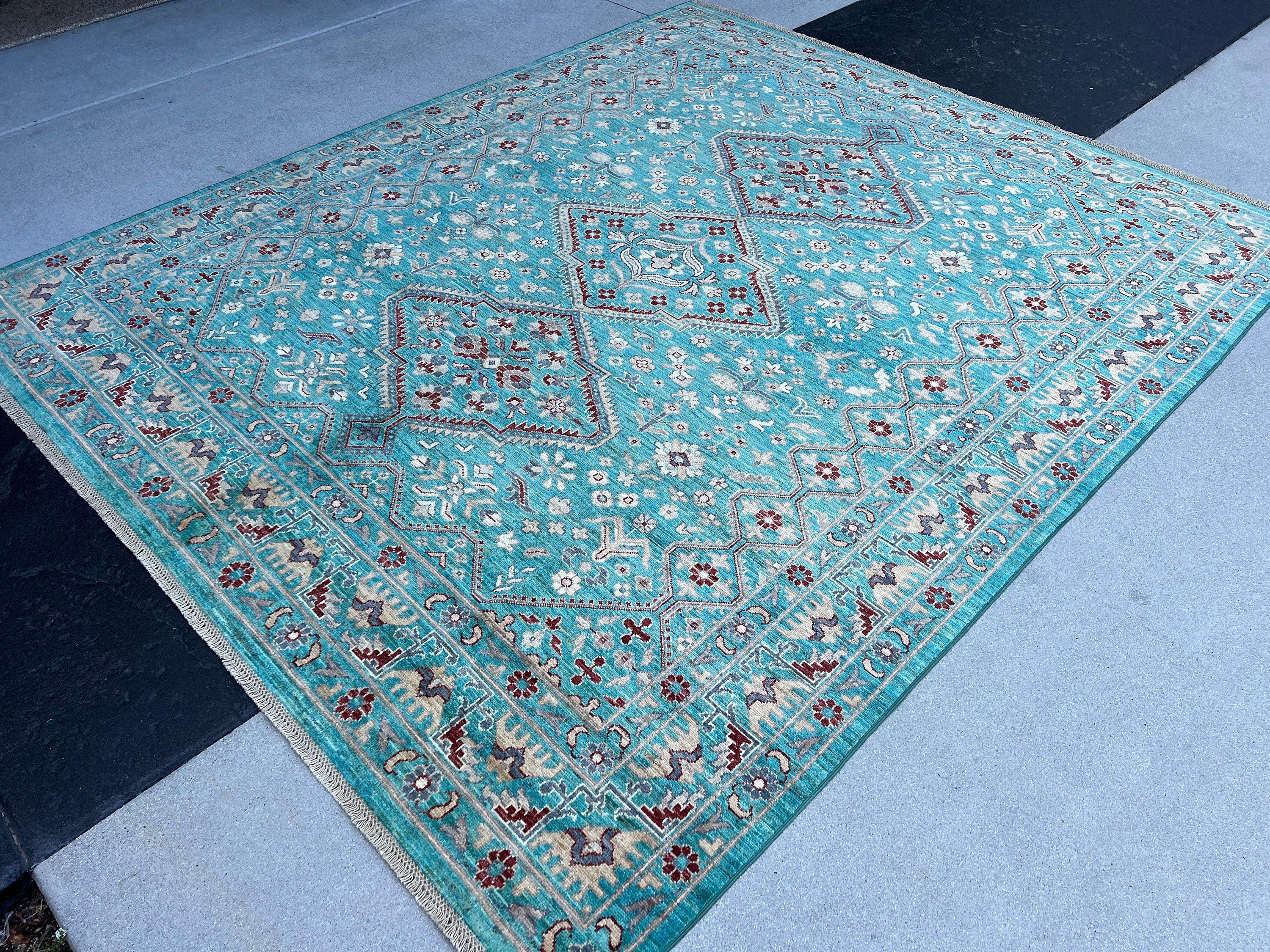 8x10 (240x300) Handmade Afghan Rug | Turquoise Garnet Red Cream Beige Ivory Grey Taupe Chocolate Brown | Hand Knotted Wool Turkish Oushak