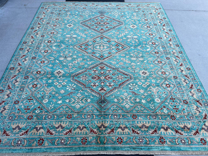 8x10 (240x300) Handmade Afghan Rug | Turquoise Garnet Red Cream Beige Ivory Grey Taupe Chocolate Brown | Hand Knotted Wool Turkish Oushak