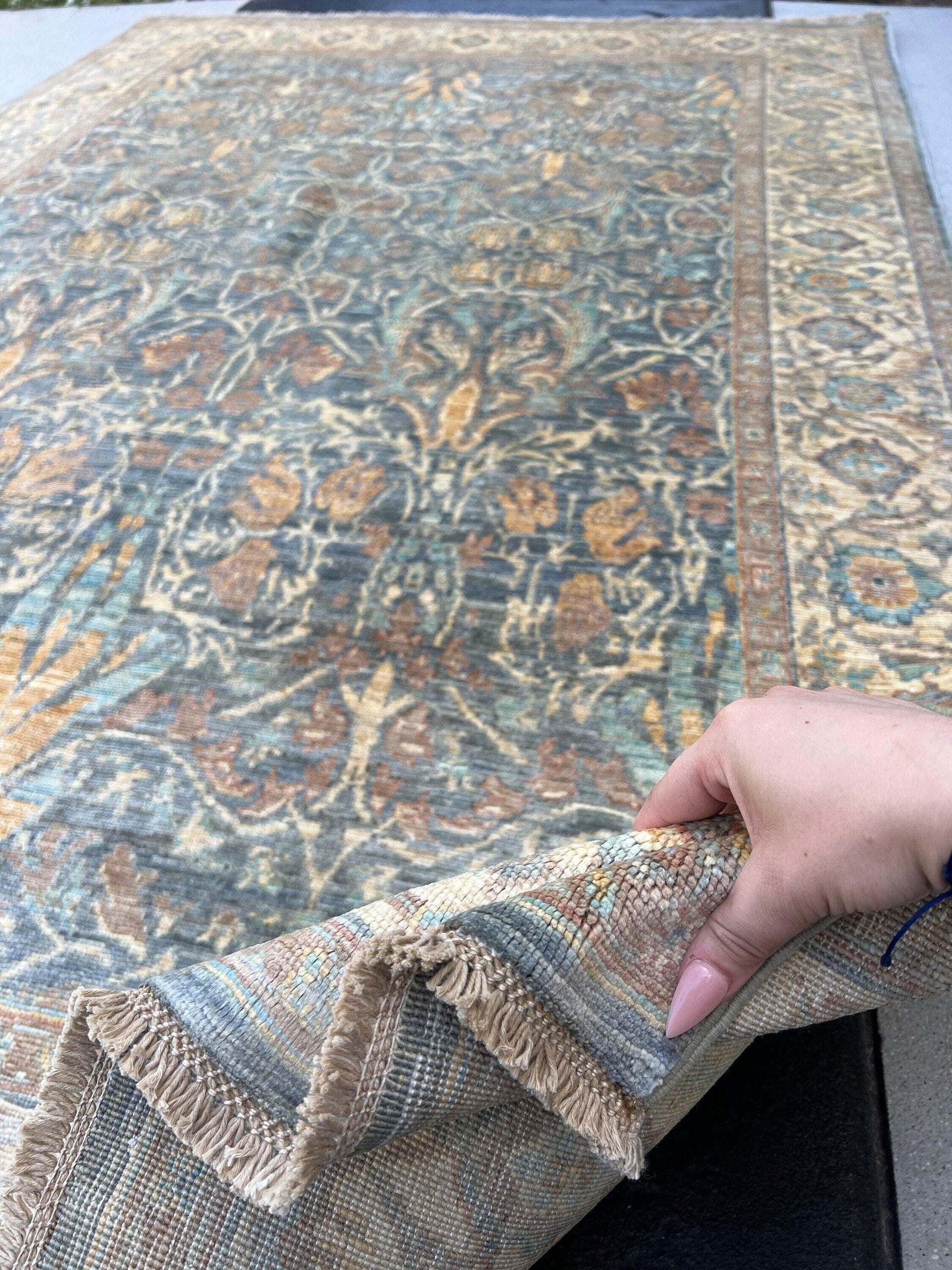 6x8 (180x275) Handmade Afghan Rug | Charcoal Grey Cream Beige Chocolate Light Brown Taupe Teal Tan | Hand Knotted Flatweave Oushak Boho Wool