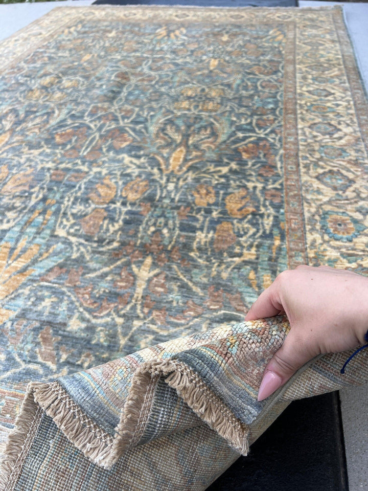 6x8 (180x275) Handmade Afghan Rug | Charcoal Grey Cream Beige Chocolate Light Brown Taupe Teal Tan | Hand Knotted Flatweave Oushak Boho Wool