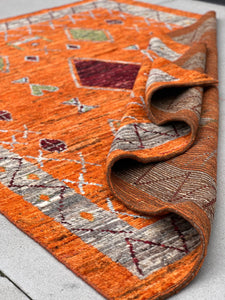 7x10 (215x305) Handmade Afghan Moroccan Rug | Orange Grey Blood Brick Red Maroon Lime Pine Green Powder Blue Ivory | Wool Ourain