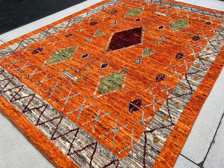 7x10 (215x305) Handmade Afghan Moroccan Rug | Orange Grey Blood Brick Red Maroon Lime Pine Green Powder Blue Ivory | Wool Ourain