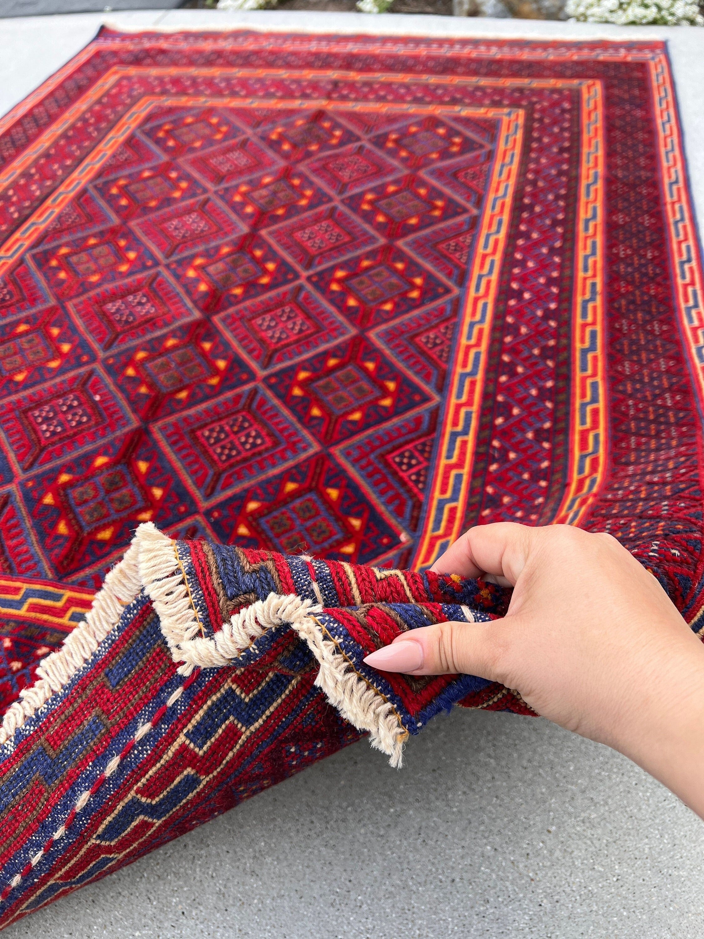 5x6 (120x180) Handmade Vintage Kilim Afghan Rug | Crimson Brick Red Navy Midnight Blue Orange Ivory | Hand Knotted Turkish Geometric Wool
