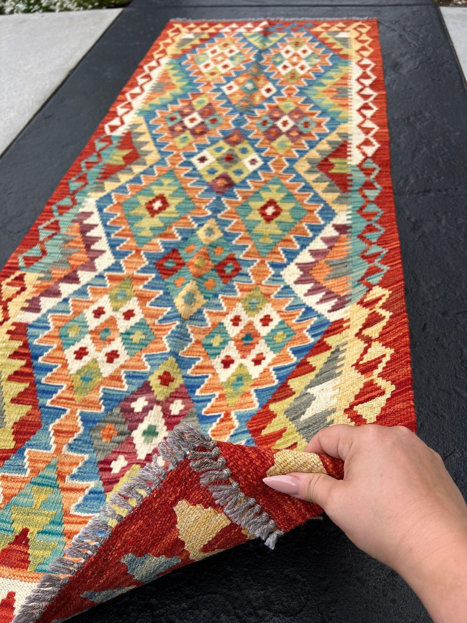 3x7 (100x200) Handmade Afghan Kilim Runner Rug | Brick Red Orange Grey Denim Blue Cream Beige Olive Ivory Eggplant Purple Turquoise | Wool