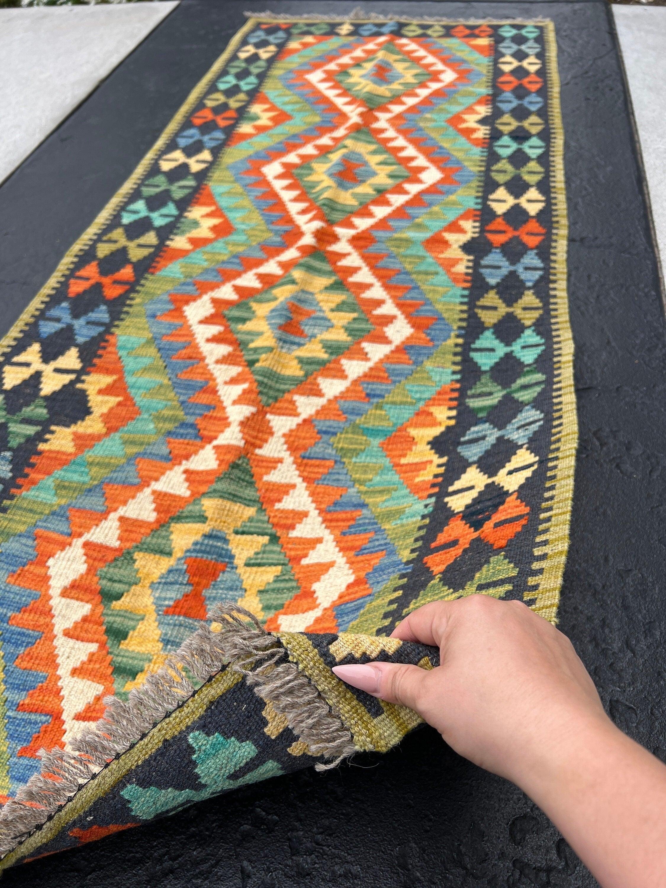 3x7 (100x200) Handmade Afghan Kilim Runner Rug | Olive Black Denim Blue Orange Turquoise Cream Beige Mustard Cornsilk Yellow | Persian Wool