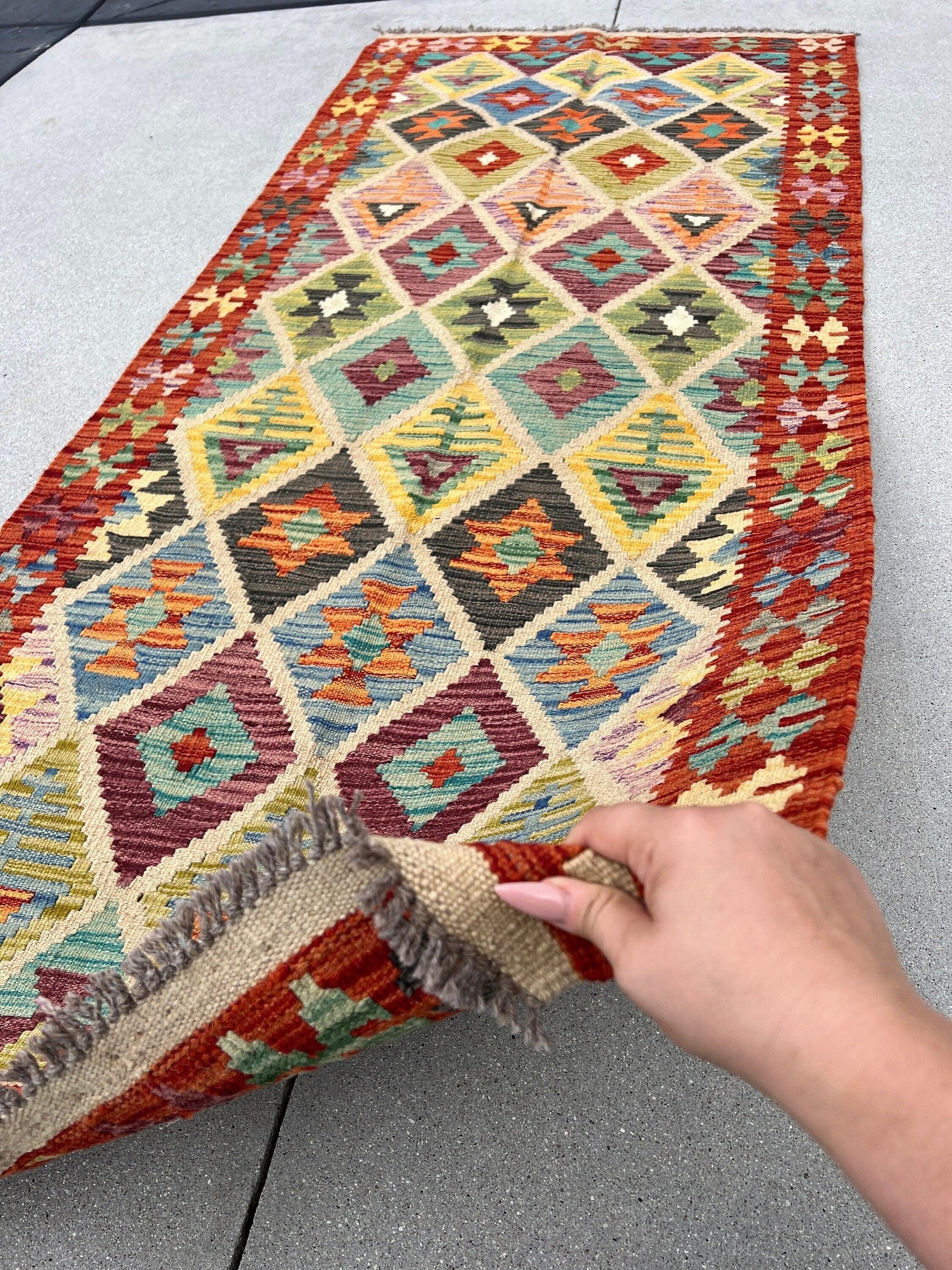 3x7 (100x200) Handmade Afghan Kilim Runner Rug | Brick Red Burnt Orange Charcoal Grey Denim Sky Blue Cornsilk Olive Yellow Purple Lilac