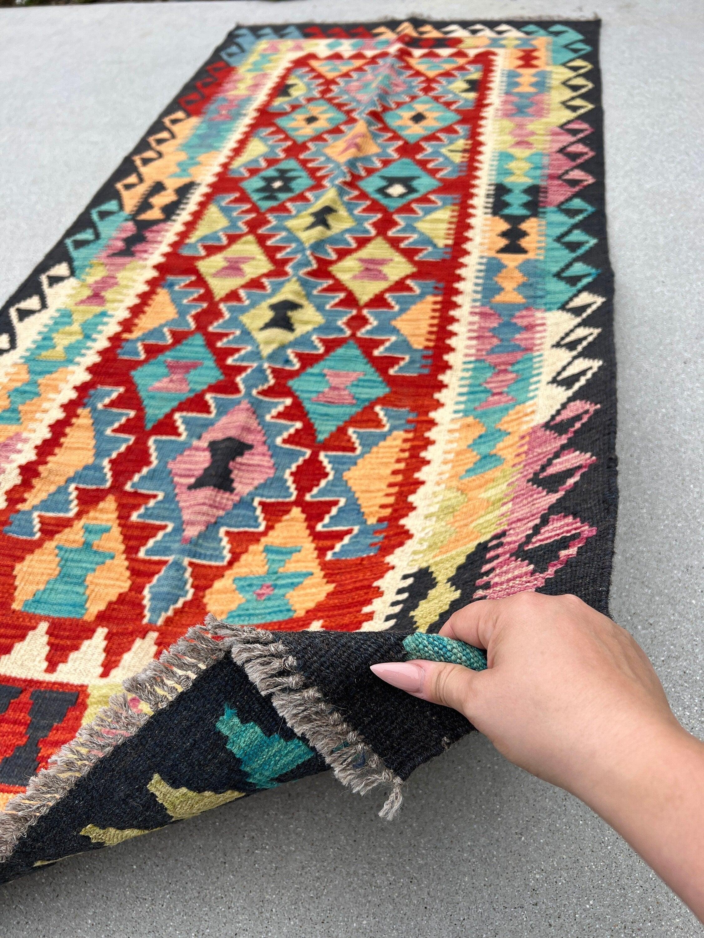 3x7 (100x200) Handmade Afghan Kilim Runner Rug | Black Blood Red Salmon Teal Olive Mint Cream Beige Turquoise Denim Blue Orange | Flatweave