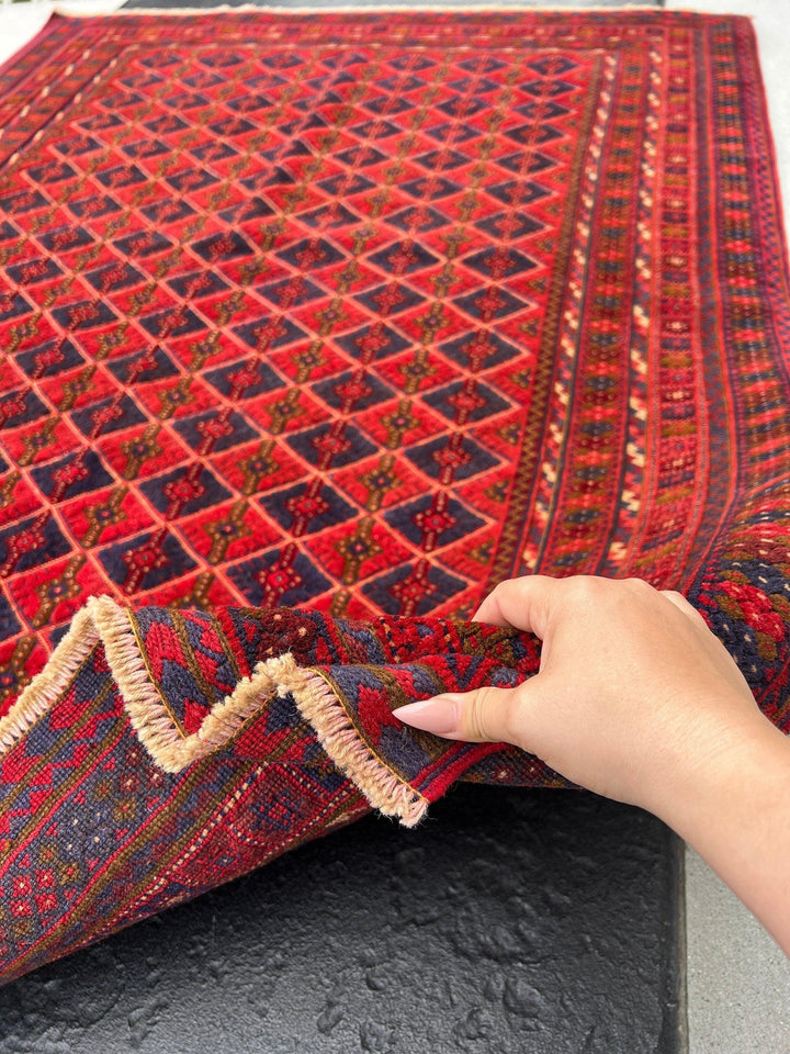 5x7 (150x215) Handmade Vintage Kilim Afghan Rug | Crimson Blood Red Navy Blue Taupe Chocolate Orange Olive Cream | Hand Knotted Wool