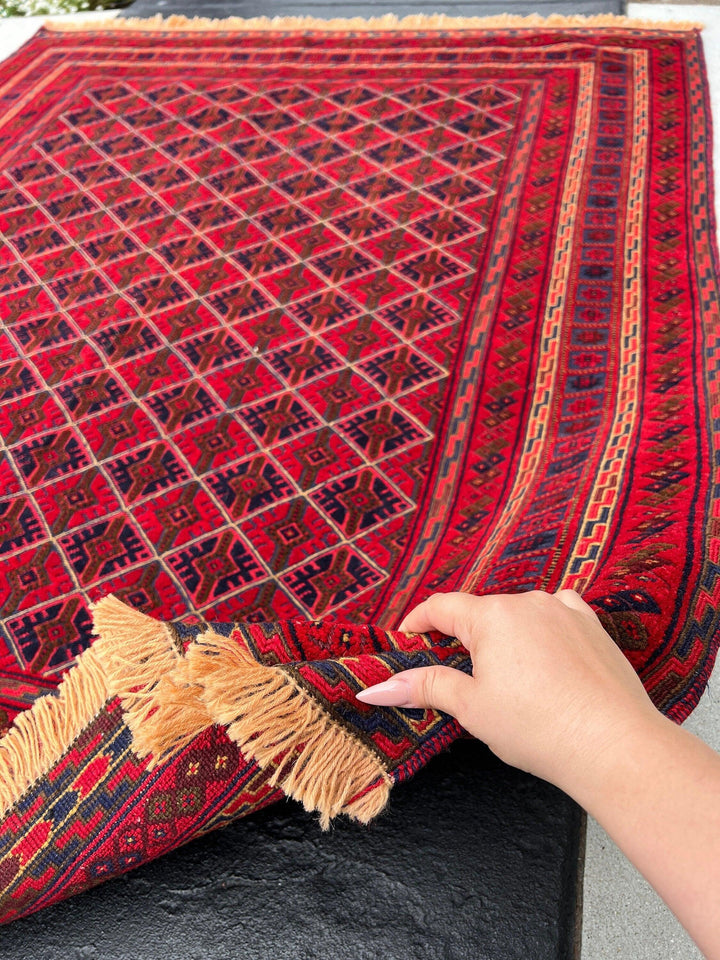 5x6 (150x215) Handmade Vintage Kilim Afghan Rug | Crimson Blood Red Navy Blue Taupe Chocolate Orange Ivory | Hand Knotted Turkish Wool