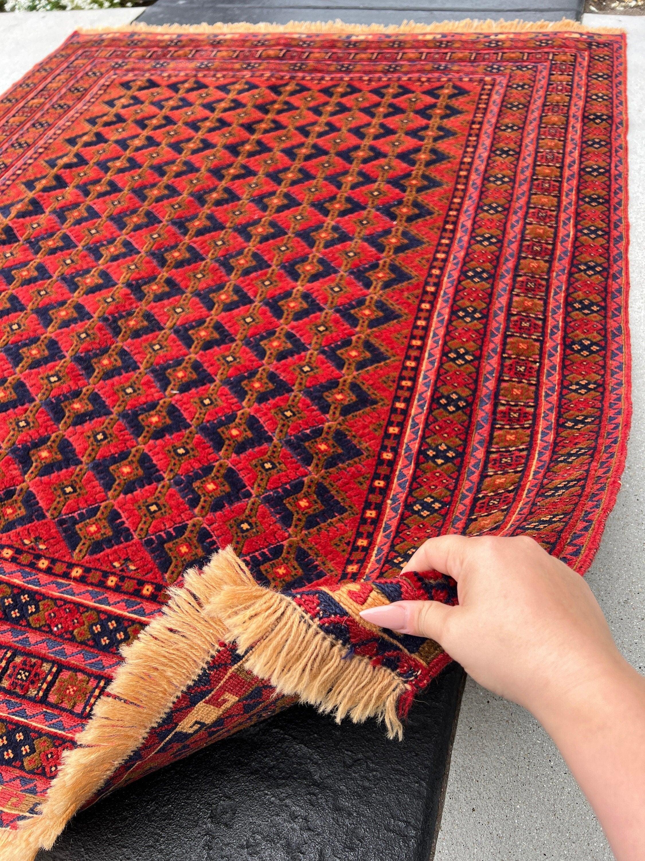 5x6 (150x215) Handmade Vintage Baluch Afghan Rug | Blood Crimson Red Navy Blue Taupe Chocolate Orange Olive Green | Hand Knotted Wool