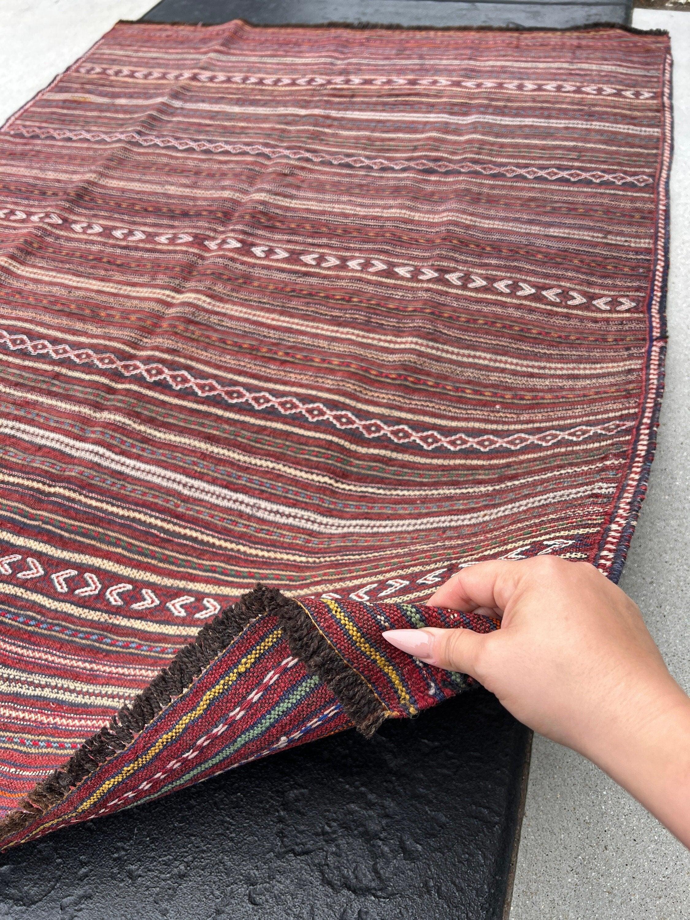 5x6 (150x215) Handmade Afghan Kilim Rug | Blood Brick Red Burnt Orange Gold Yellow Pine Green Ivory Denim Blue Chocolate Cream Beige Black