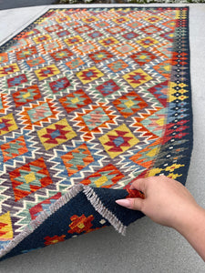5x8 (150x245) Handmade Afghan Kilim Rug | Midnight Denim Blue Olive Burnt Orange Blood Red Ivory Teal Charcoal Grey Taupe | Flatweave Wool