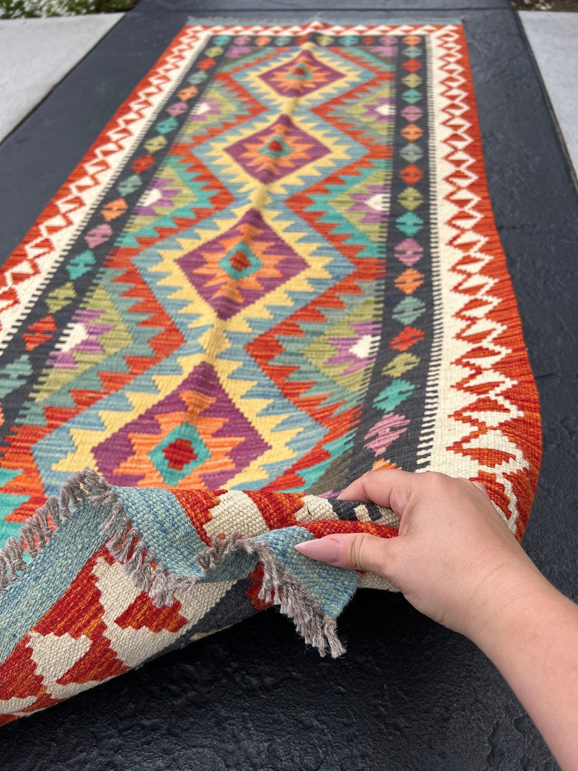 3x7 (100x200) Handmade Afghan Kilim Runner Rug | Brick Red Burnt Orange Denim Blue Cornsilk Mustard Teal Turquoise Olive Ivory | Oushak Wool